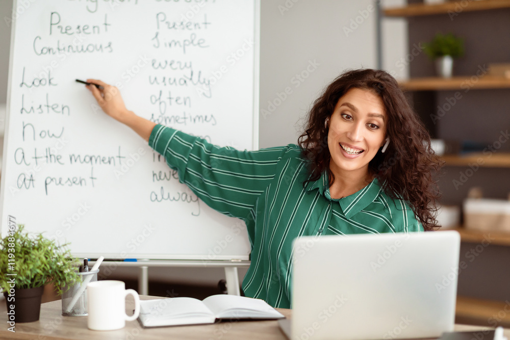 Aufkleber Modern Distant Learning. Portrait of smiling English tutor making video conference chat with students using pc computer, looking at screen. Lady sitting at desk pointing on board teaching from home