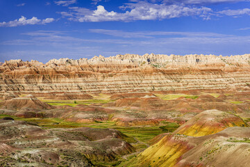 Rugged multi color plains, mountains and valleys of Badlands National Park near Wall, South Dakota