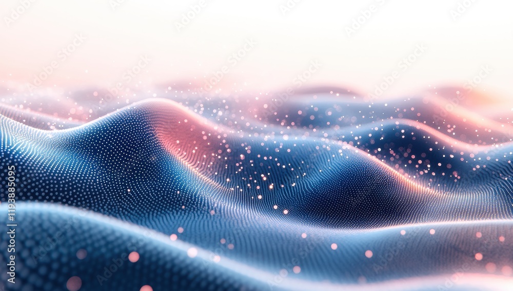 Poster abstract waves of colorful particles forming a digital landscape with soft curves and a dreamy atmos