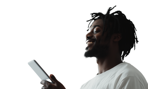 Smiling Black Man Looking at Tablet on White Background