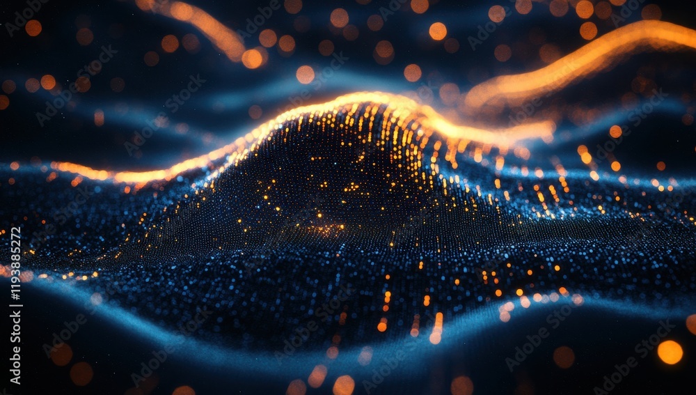Poster abstract waves of light and color in a digital landscape, representing data visualization, technolog