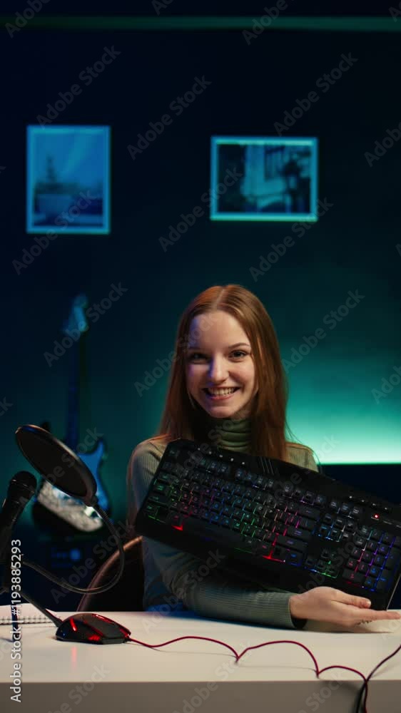 Poster vertical video happy influencer testing keyboard and mouse while doing review in personal studio to 