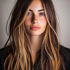 Fototapeta premium Beautiful Young Woman with Long Wavy Brown and Blonde Hair Studio Portrait