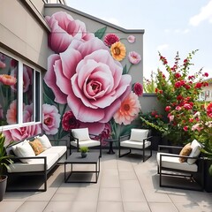 Modern patio with a large floral wall mural