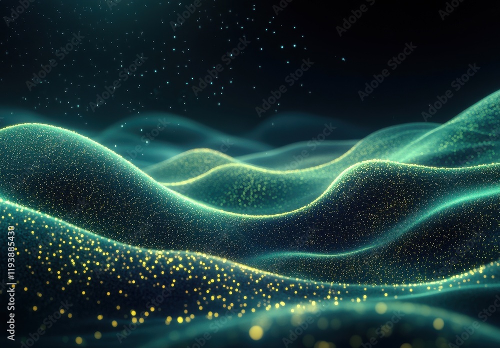 Poster abstract waves of light and particles floating in a cosmic environment with a dreamy atmosphere and 