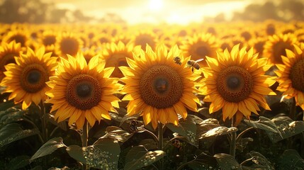 Obraz premium Golden Sunflowers at Sunset: A Stunning Field of Blooms