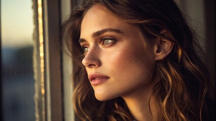 A portrait of contemplation as soft rays of light pierce through the surrounding gloom enveloping the face in a golden embrace that highlights the gentle curves of the lips and