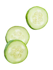 Top view set of fresh green cucumber slices in circle shape in stack isolated with clipping path in png file format