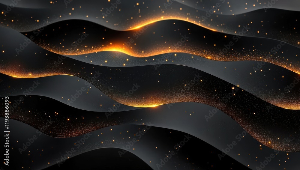 Poster abstract waves with glowing highlights and sparkles on dark background creating a sense of movement 