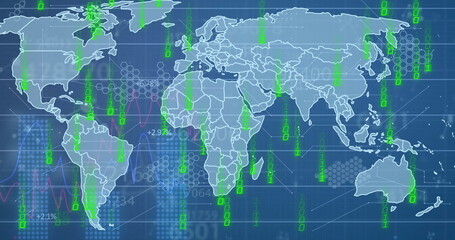 Image of financial data processing with binary coding over world map