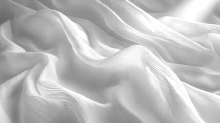 Flowing white sheer fabric draped, light in background, textile design.
