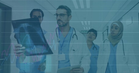 Image of financial data processing over diverse doctors in hospital