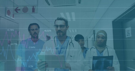 Image of financial data processing over diverse doctors in hospital