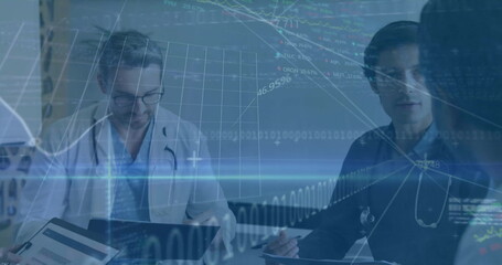 Image of financial data processing over diverse doctors in hospital