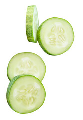 Top view set of fresh green cucumber slices in circle shape in stack isolated on white background with clipping path