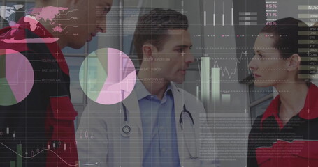Image of financial data processing over diverse doctors in hospital