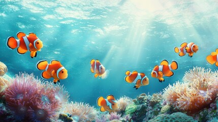 Obraz premium Colorful Clownfish Swimming in Vibrant Coral Reef Underwater Scene