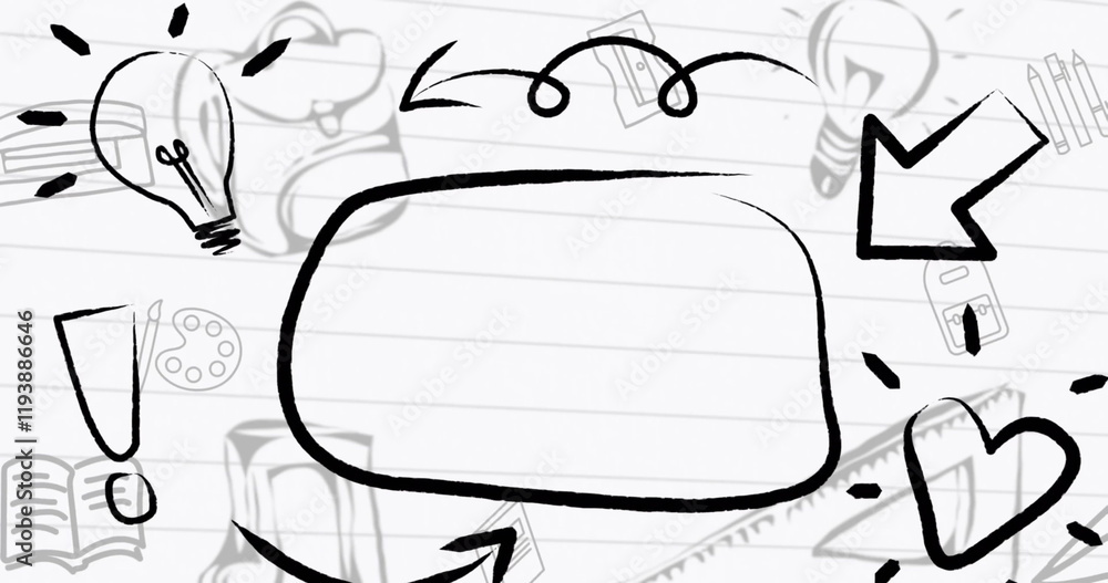 Poster image of speech bubble with copy space over school items icons