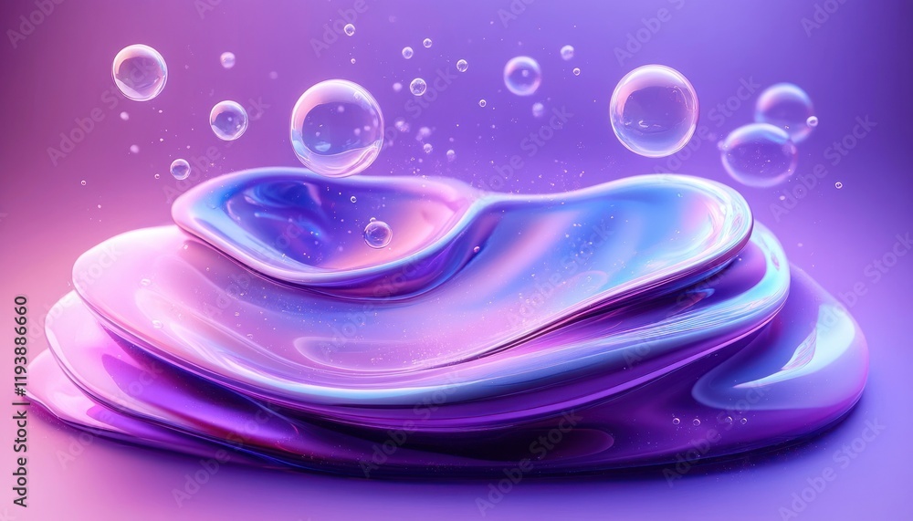 Poster futuristic abstract design with purple and blue layered glass structures and floating bubbles