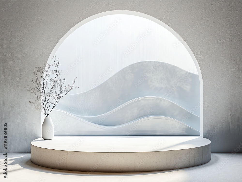 Poster minimalist studio scene circular platform abstract design soft lighting