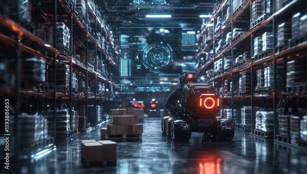Poster advanced automation in a high-tech warehouse featuring a robotic loader navigating between shelves w