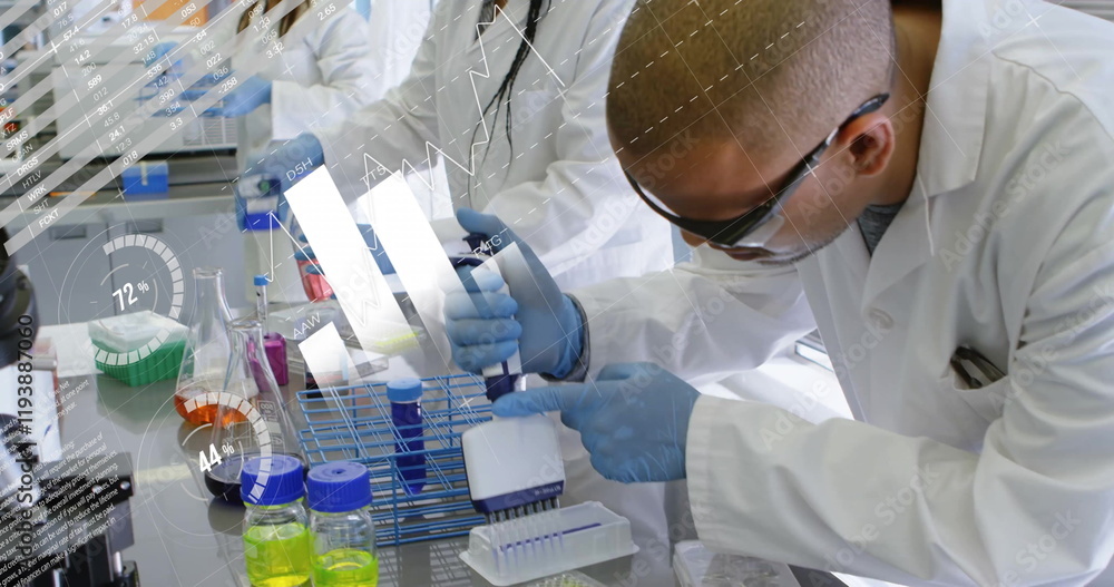 Poster image of financial data processing over diverse scientists working in lab