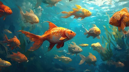 Vibrant Goldfish Swimming Gracefully in Clear Blue Water