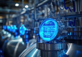 Advanced Industrial Equipment with Blue LED Displays in a Modern Processing Facility for Efficient Measurement and Monitoring of Production Processes