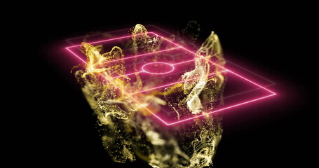 Fototapeta premium Image of network of yellow particles floating over pink neon basketball court on black