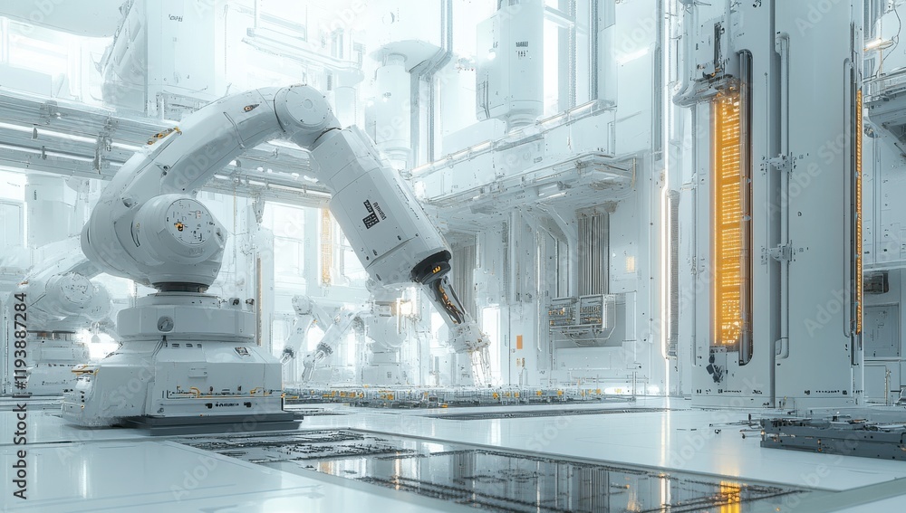 Poster advanced industrial robotics in a high-tech manufacturing facility with sleek design and futuristic 