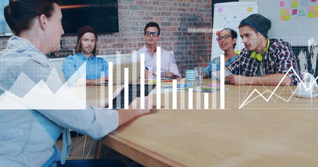 Image of financial data processing over diverse business people in office