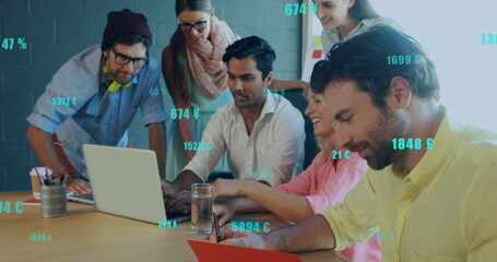 Image of financial data processing over diverse business people in office