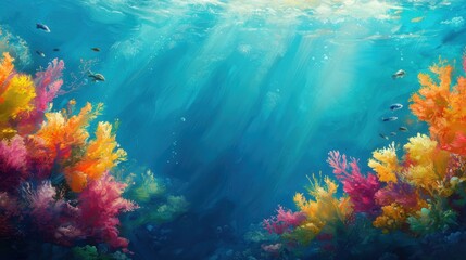 Obraz premium Vibrant Coral Reef Underwater Scene with Blue Ocean Background