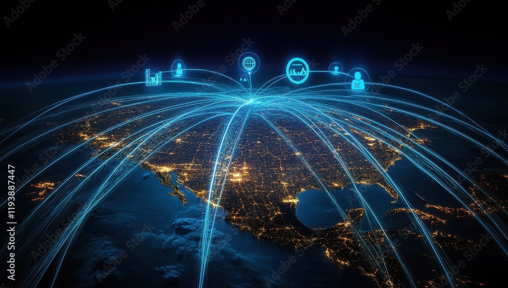 Poster advanced network connectivity and data flow over north america at night, visualizing global communic