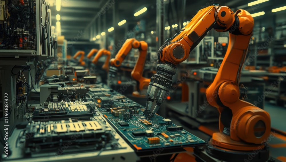 Aufkleber advanced robotic arm in electronics manufacturing facility working on circuit boards surrounded by a