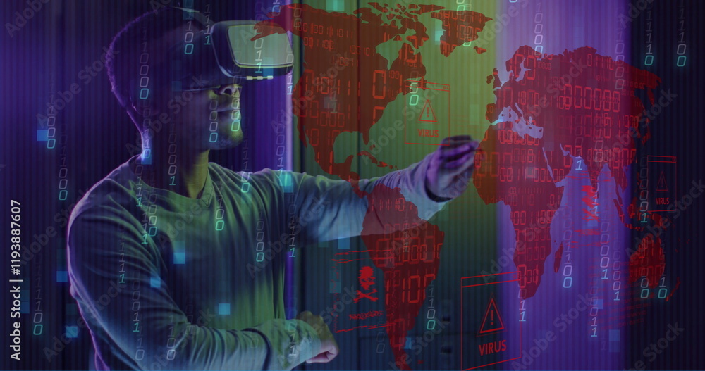 Poster image of world map and data processing over man wearing vr headset and computer servers
