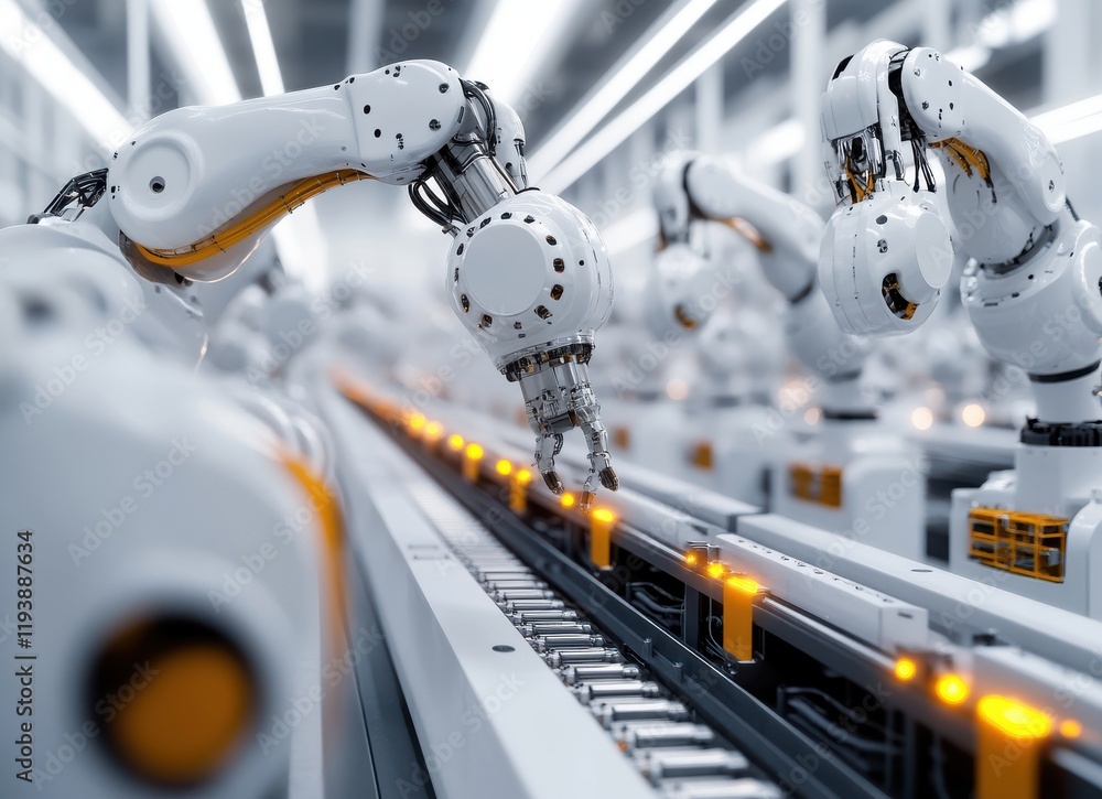 Poster advanced robotic arms in a modern automated manufacturing facility enhancing precision and efficienc