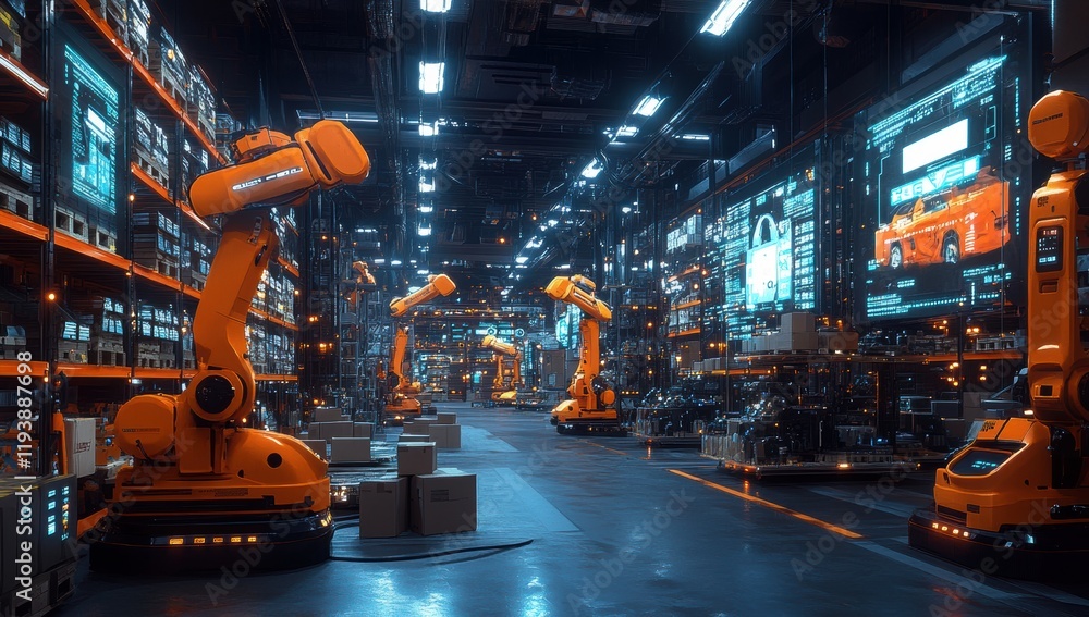 Poster advanced robotic manufacturing facility featuring multiple industrial robots in a high-tech environm