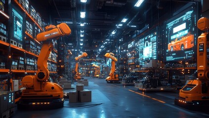 Fototapeta premium Advanced Robotic Manufacturing Facility Featuring Multiple Industrial Robots in a High-Tech Environment with Bright Lighting and High-End Technology Displays