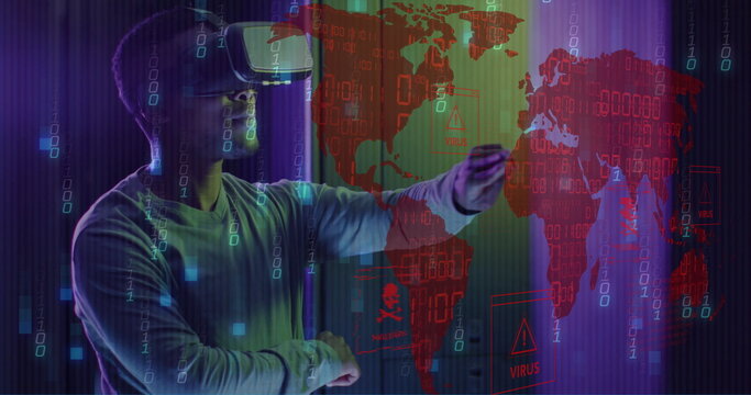 Image of world map and data processing over man wearing vr headset and computer servers