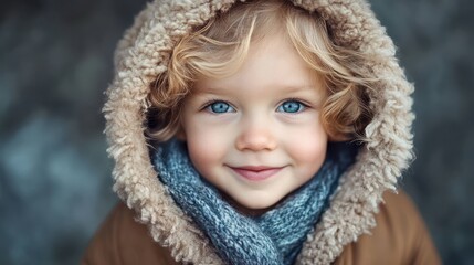 Adorable toddler with bright blue eyes, bundled in a cozy hooded coat and scarf. Perfect for themes of childhood, winter, or innocence.