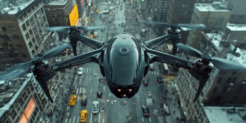 Fototapeta premium Aerial View of a Drone Flying Over a Busy City Street with Skyscrapers and Traffic in the Heart of an Urban Landscape