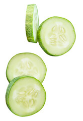 Top view set of fresh green cucumber slices in circle shape in stack isolated with clipping path in png file format