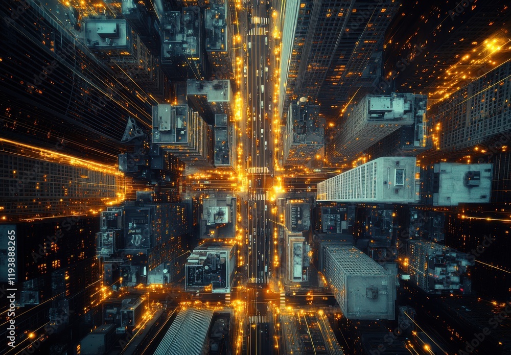 Poster aerial view of a vibrant cityscape at night with moving lights and reflections representing urban en