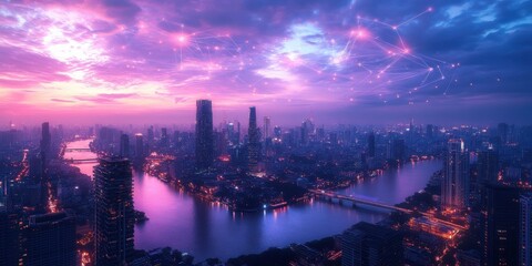 Fototapeta premium Aerial View of a Vibrant Cityscape at Dusk with Dramatic Cloudy Sky and Bright City Lights, Representing Urban Technology and Connectivity Concept