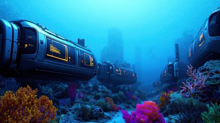 Futuristic Submersibles in Vibrant Coral Reef Landscape Underwater