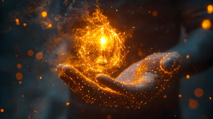 Glowing Orb Held in a Hand, Digital Energy, Mystical Power, and Future Technology.  Embracing innovation and discovery in the digital realm.