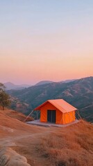 sleeping tent in the middle of a meadow surrounded by mountains and forest in a sunset with copy space vertically 9:16