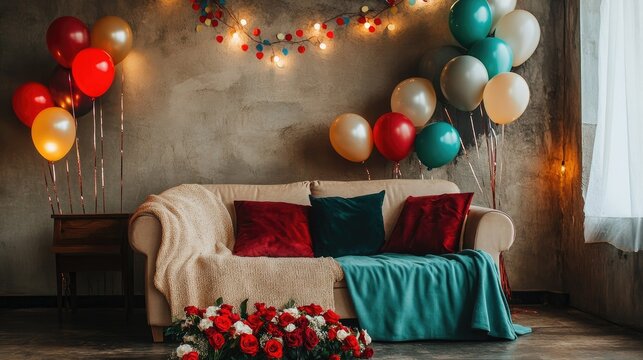Romantic and stylish living room decorated for Valentine's Day, featuring a sofa, roses, and vibrant balloons for a cozy ambiance.