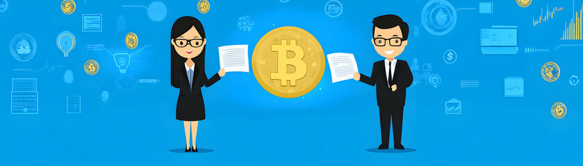 Bitcoin Transaction, Businesspeople Reviewing Contract Documents Near Large Golden Bitcoin Coin.